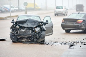 automobile crash accident on street, damaged cars after collision in city